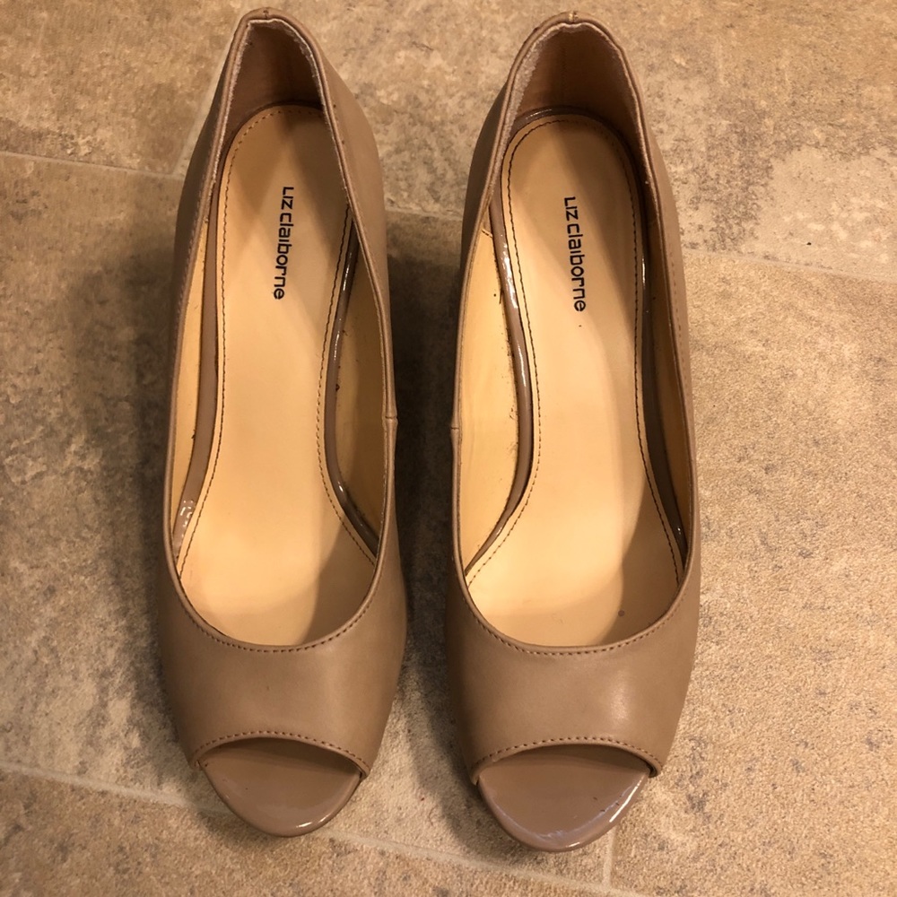 Nude open toe wedge heels